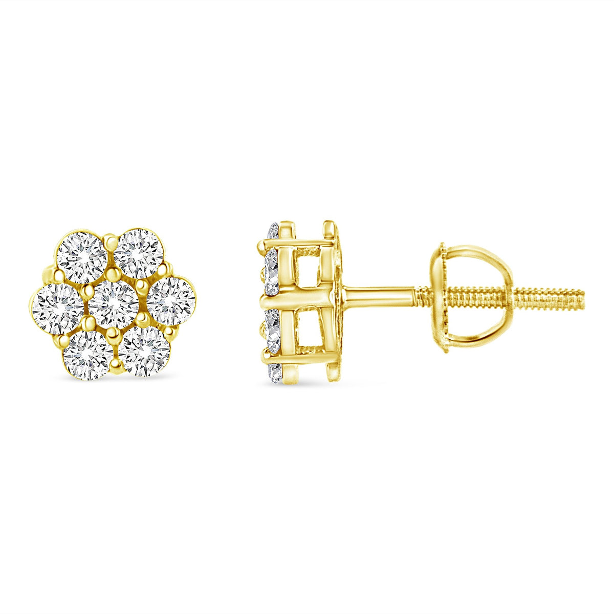 14K Yellow Gold 1/2 Cttw Round Brilliant Cut Diamond Floral Cluster Screwback Stud Earrings (I-J Color, SI2-I1 Clarity) - LinkagejewelrydesignLinkagejewelrydesign