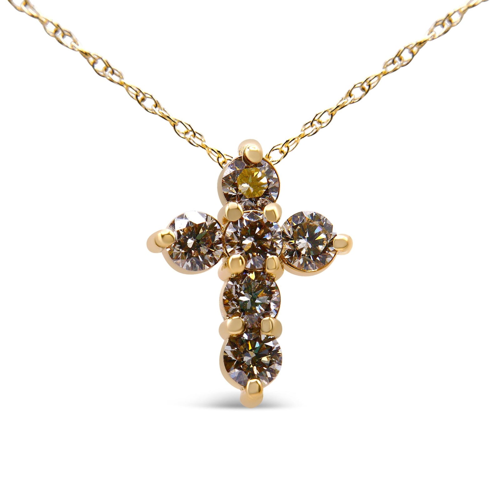 14K Yellow Gold 1/2 Cttw Round-Cut Diamond Mini Cross 18" Pendant Necklace (J-K Color, VS2-SI1 Clarity) - LinkagejewelrydesignLinkagejewelrydesign