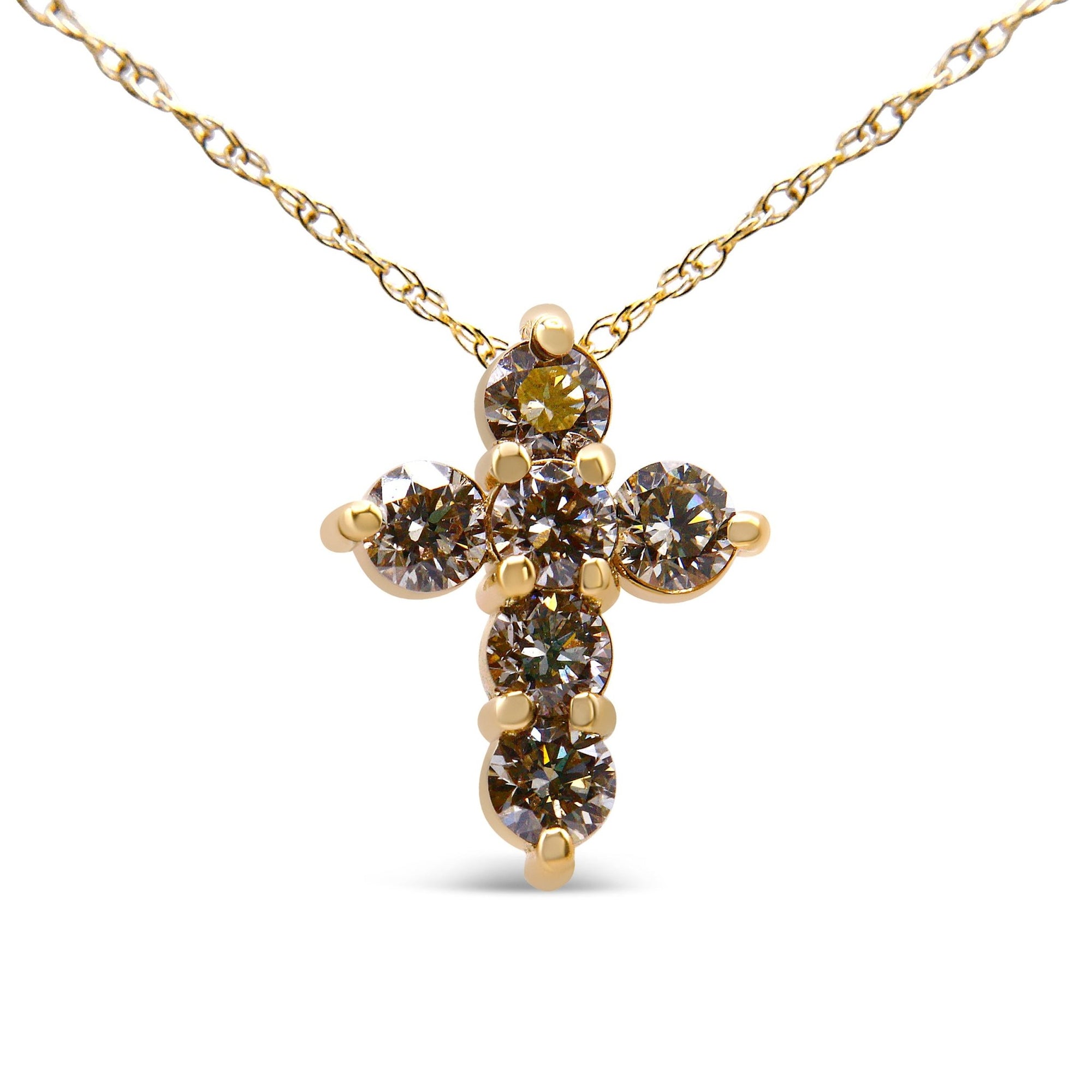 14K Yellow Gold 1/2 Cttw Round-Cut Diamond Mini Cross 18" Pendant Necklace (J-K Color, VS2-SI1 Clarity) - LinkagejewelrydesignLinkagejewelrydesign