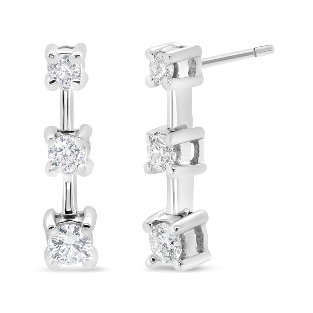 14K Yellow Gold 1/2 Cttw Round Diamond 3 Stone Graduated Linear Drop Past, Present and Future Stud Earrings (H-I Color, SI1-SI2 Clarity) - LinkagejewelrydesignLinkagejewelrydesign