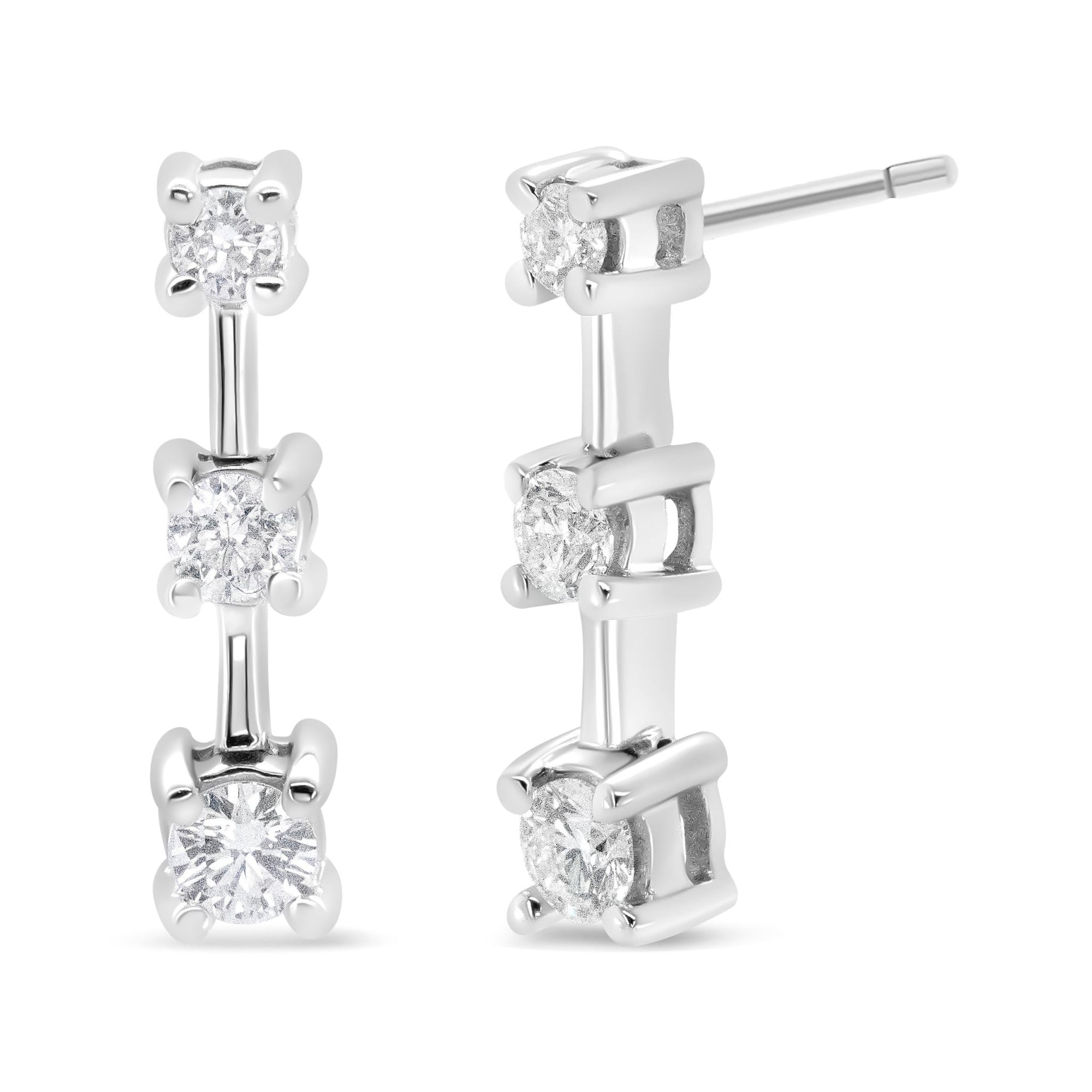14K Yellow Gold 1/2 Cttw Round Diamond 3 Stone Graduated Linear Drop Past, Present and Future Stud Earrings (H-I Color, SI1-SI2 Clarity) - LinkagejewelrydesignLinkagejewelrydesign
