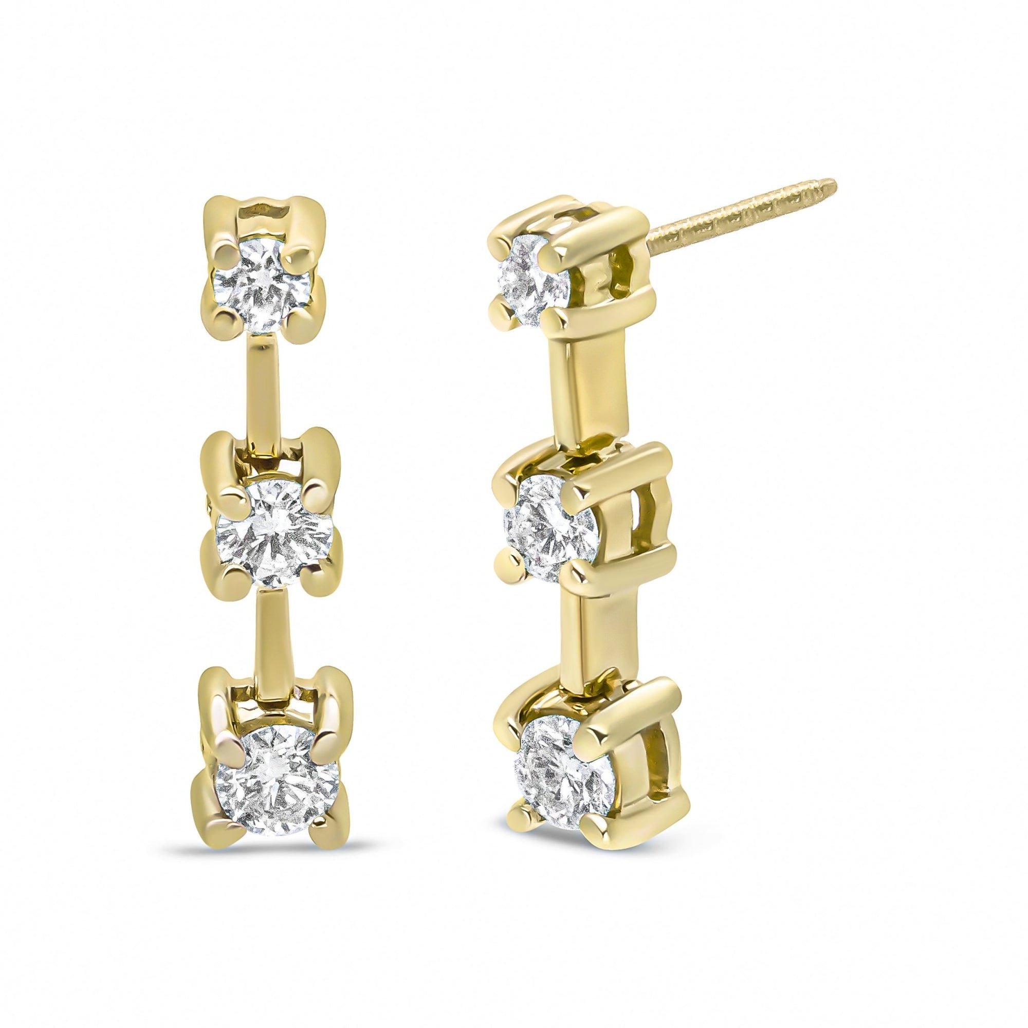 14K Yellow Gold 1/2 Cttw Round Diamond 3 Stone Graduated Linear Drop Past, Present and Future Stud Earrings (J-K Color, SI1-SI2 Clarity) - LinkagejewelrydesignLinkagejewelrydesign