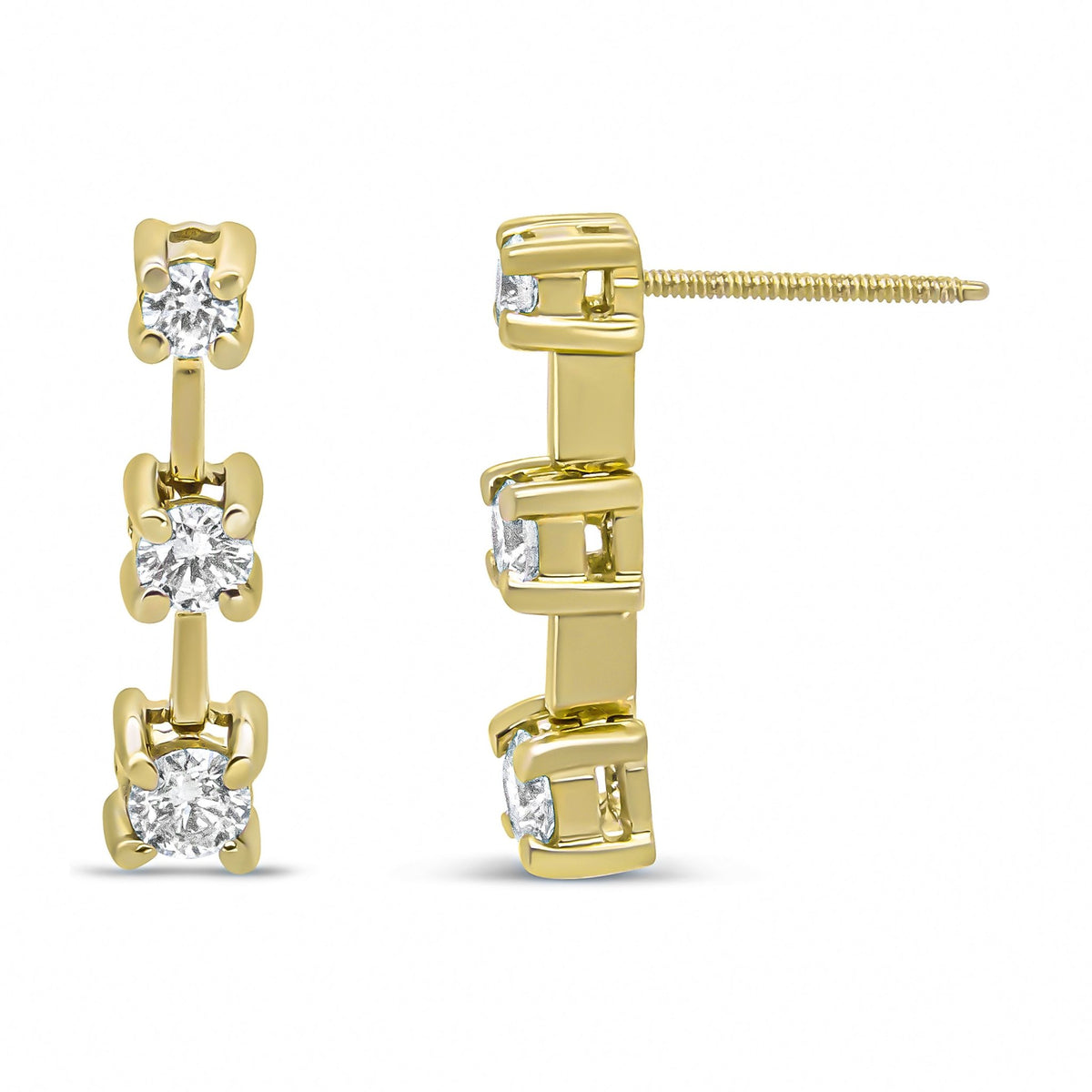 14K Yellow Gold 1/2 Cttw Round Diamond 3 Stone Graduated Linear Drop Past, Present and Future Stud Earrings (J-K Color, SI1-SI2 Clarity) - LinkagejewelrydesignLinkagejewelrydesign