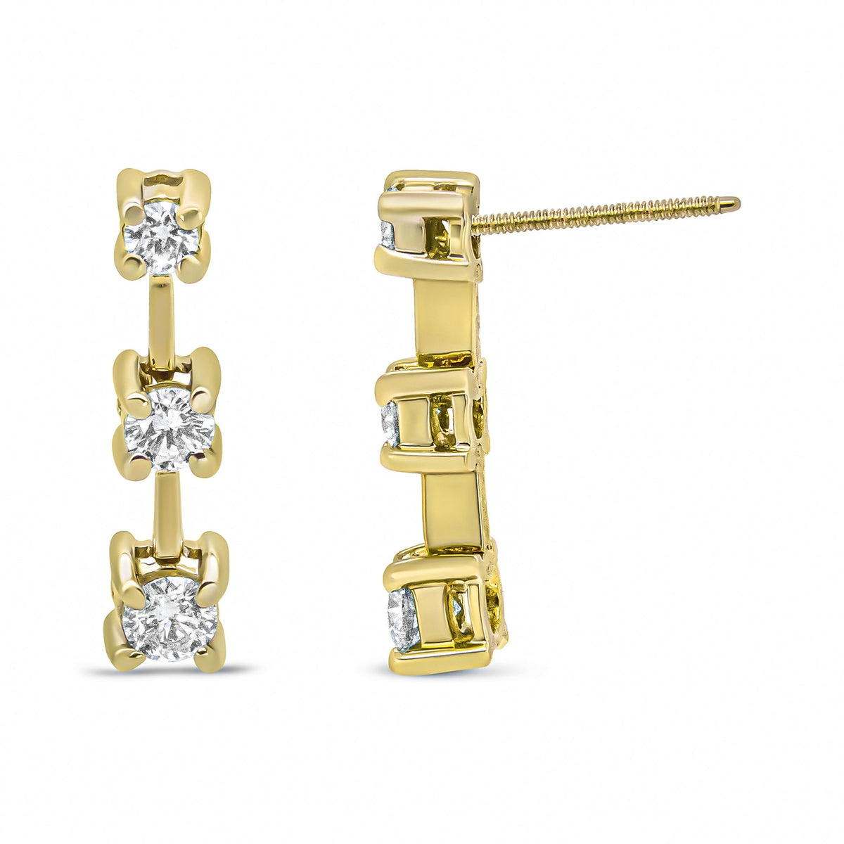14K Yellow Gold 1/2 Cttw Round Diamond 3 Stone Graduated Linear Drop Past, Present and Future Stud Earrings (J-K Color, SI1-SI2 Clarity) - LinkagejewelrydesignLinkagejewelrydesign