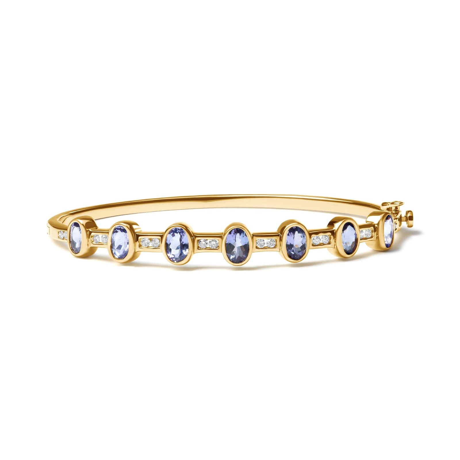 14K Yellow Gold 1/3 Cttw Round-Cut Diamond and 5MM Oval-Cut Blue Tanzanite Gemstone Bangle Bracelet (H-I Color, I1-I2 Clarity) - Size 7" Inches - LinkagejewelrydesignLinkagejewelrydesign