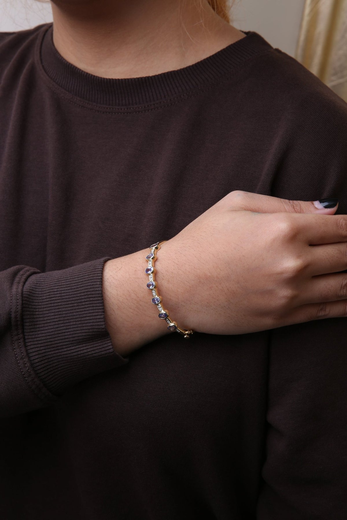 14K Yellow Gold 1/3 Cttw Round-Cut Diamond and 5MM Oval-Cut Blue Tanzanite Gemstone Bangle Bracelet (H-I Color, I1-I2 Clarity) - Size 7" Inches - LinkagejewelrydesignLinkagejewelrydesign