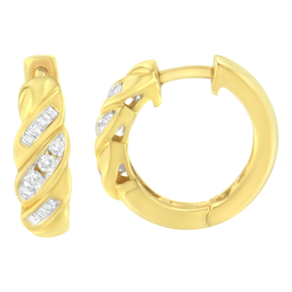 14K Yellow Gold 1/4 ct TDW Alternating 3 Row Baguette &amp; Round Brilliant-Cut Diamond Huggy Hoop Earrings (H-I, I2-I3) - LinkagejewelrydesignLinkagejewelrydesign