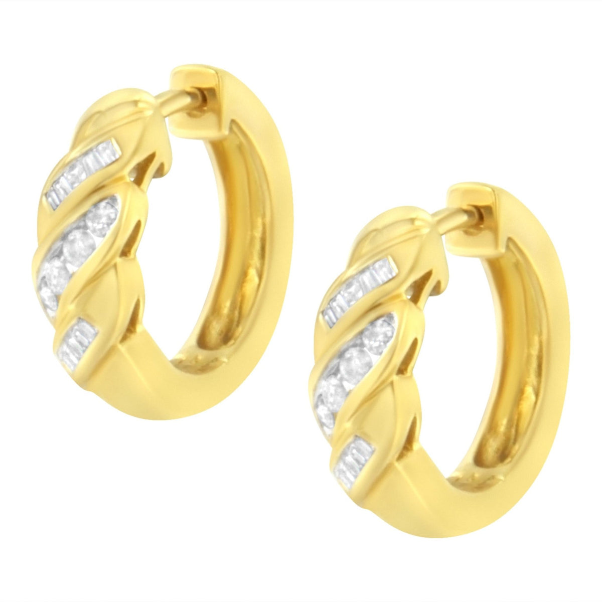 14K Yellow Gold 1/4 ct TDW Alternating 3 Row Baguette &amp; Round Brilliant-Cut Diamond Huggy Hoop Earrings (H-I, I2-I3) - LinkagejewelrydesignLinkagejewelrydesign