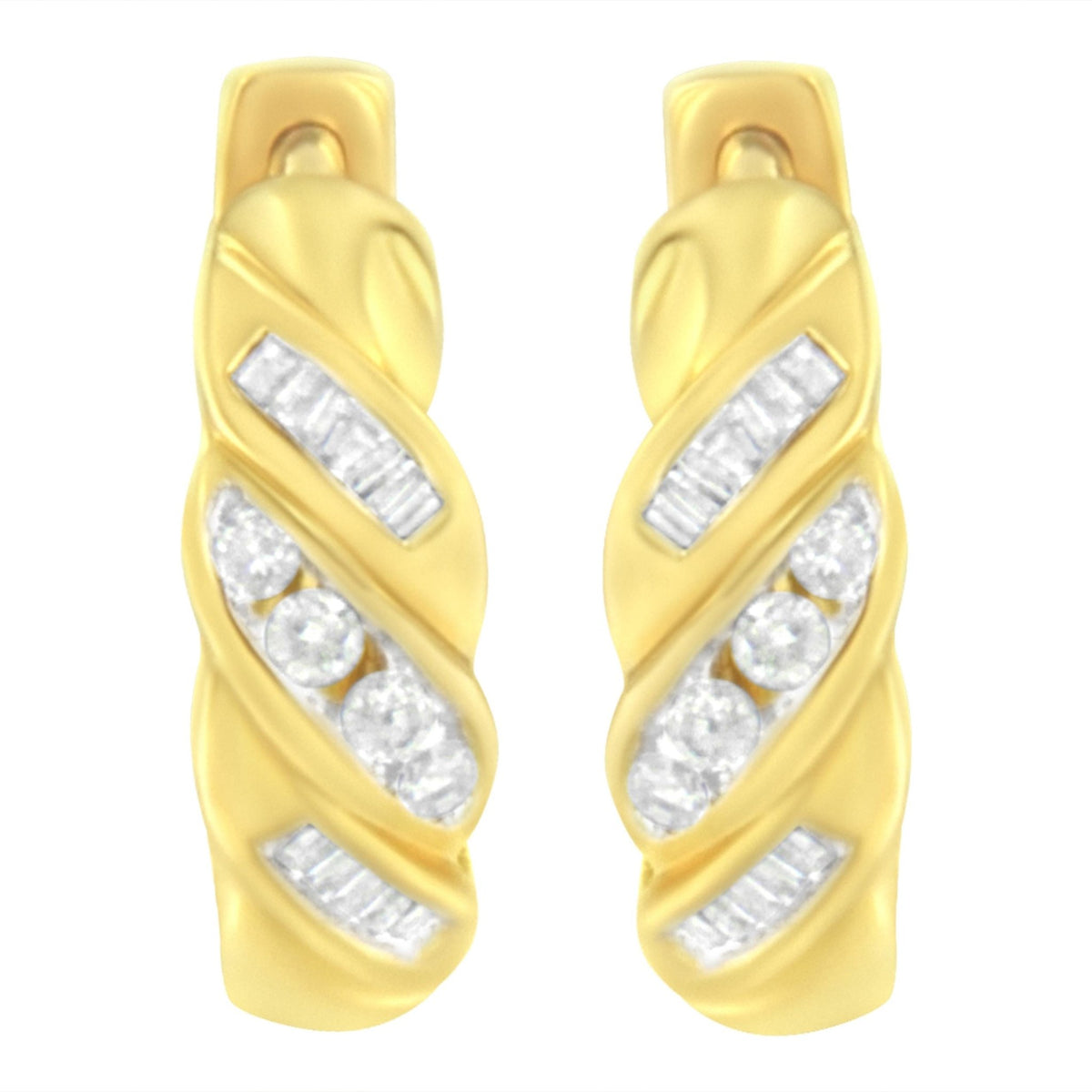 14K Yellow Gold 1/4 ct TDW Alternating 3 Row Baguette &amp; Round Brilliant-Cut Diamond Huggy Hoop Earrings (H-I, I2-I3) - LinkagejewelrydesignLinkagejewelrydesign