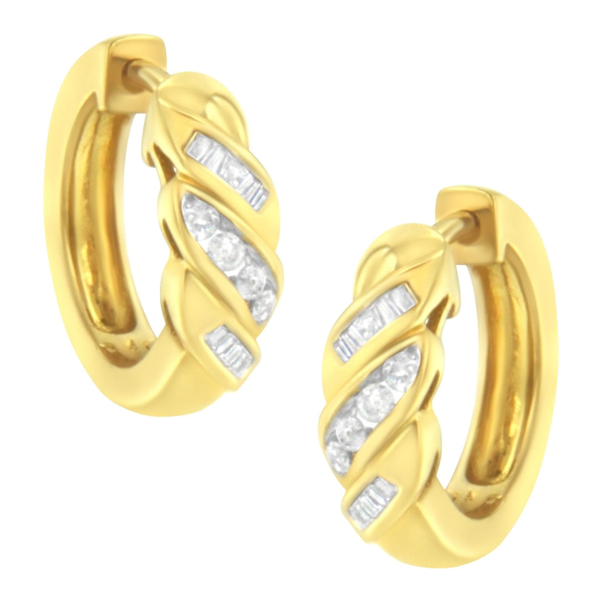 14K Yellow Gold 1/4 ct TDW Alternating 3 Row Baguette &amp; Round Brilliant-Cut Diamond Huggy Hoop Earrings (H-I, I2-I3) - LinkagejewelrydesignLinkagejewelrydesign