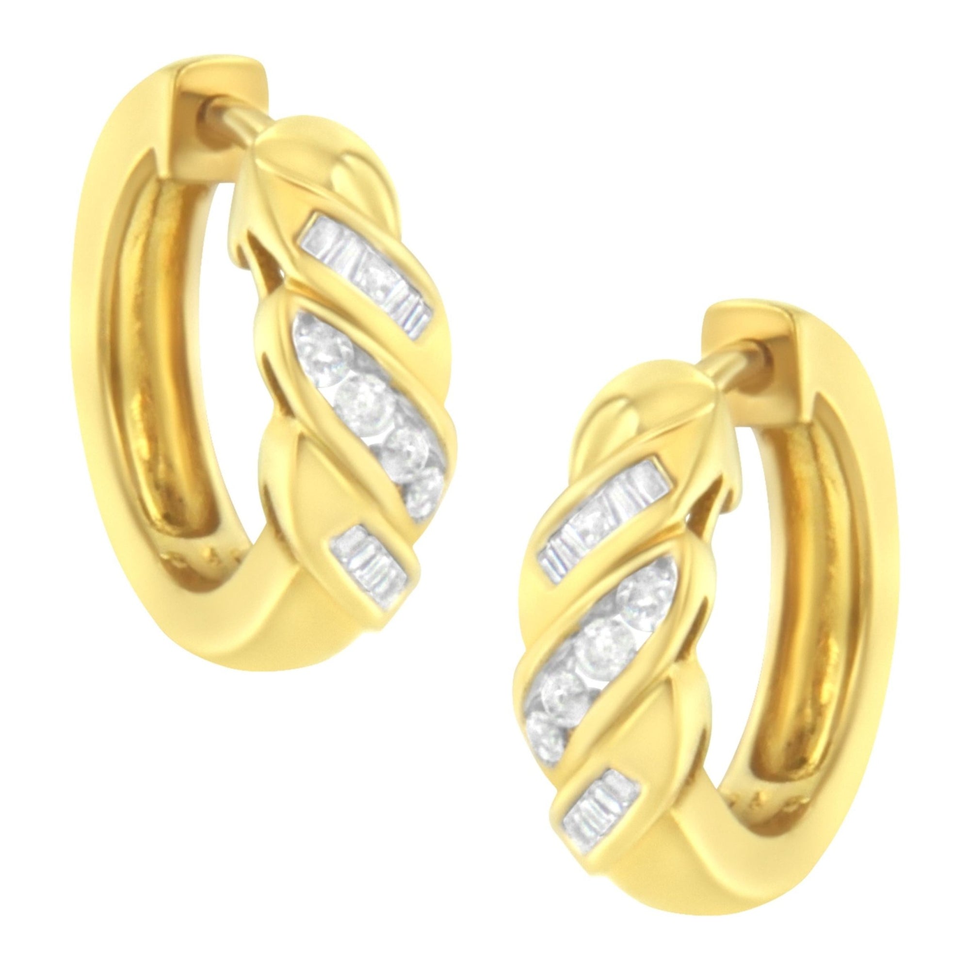 14K Yellow Gold 1/4 ct TDW Alternating 3 Row Baguette & Round Brilliant-Cut Diamond Huggy Hoop Earrings (H-I, I2-I3) - LinkagejewelrydesignLinkagejewelrydesign