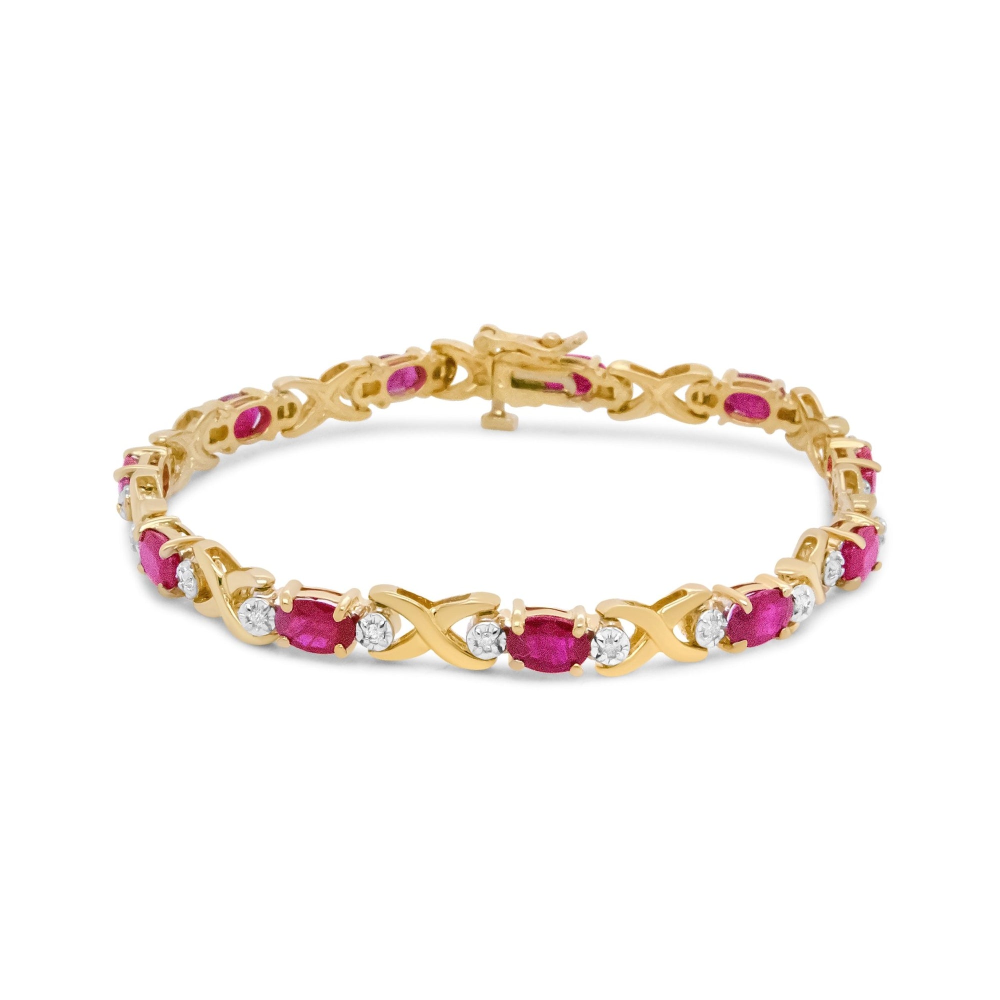 14K Yellow Gold 1/4 Cttw Diamond and Oval Red Ruby Alternating X Link Bracelet (I-J Color, I3 Clarity) - LinkagejewelrydesignLinkagejewelrydesign