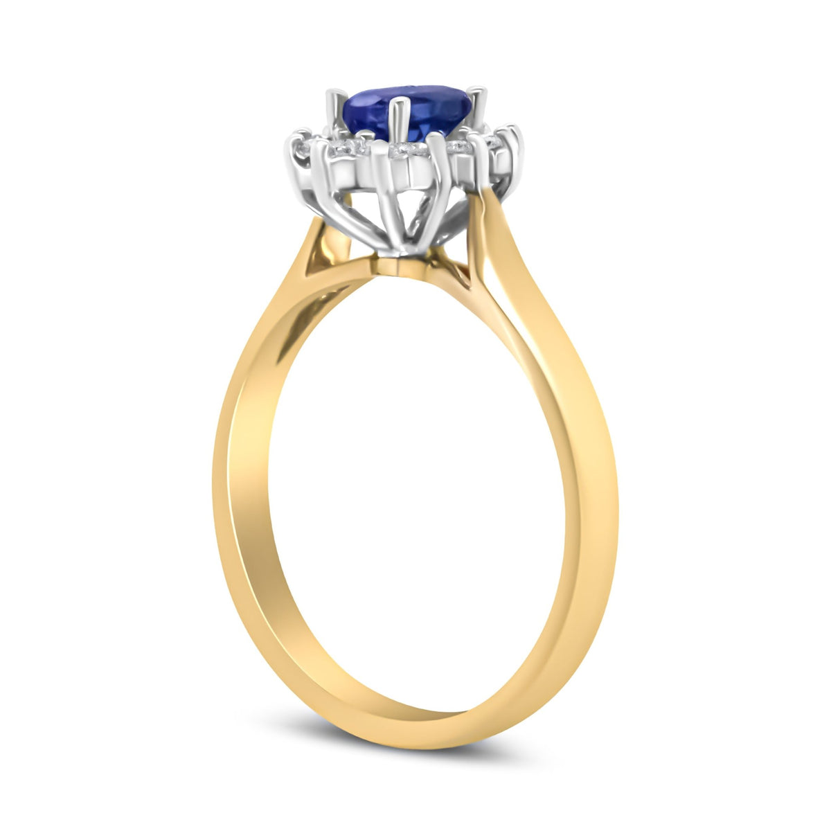 14K Yellow Gold 1/5 Cttw Round Diamond and 6x4mm Oval Blue Tanzanite Halo Ring (H-I Color, I1-I2 Clarity) - Size 7.75 - LinkagejewelrydesignLinkagejewelrydesign