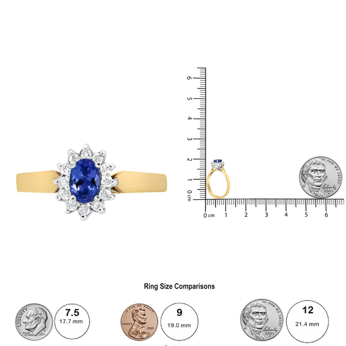 14K Yellow Gold 1/5 Cttw Round Diamond and 6x4mm Oval Blue Tanzanite Halo Ring (H-I Color, I1-I2 Clarity) - Size 7.75 - LinkagejewelrydesignLinkagejewelrydesign