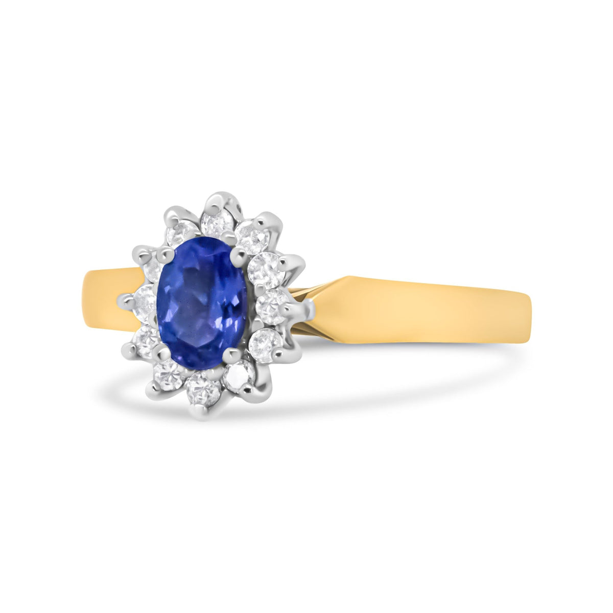 14K Yellow Gold 1/5 Cttw Round Diamond and 6x4mm Oval Blue Tanzanite Halo Ring (H-I Color, I1-I2 Clarity) - Size 7.75 - LinkagejewelrydesignLinkagejewelrydesign
