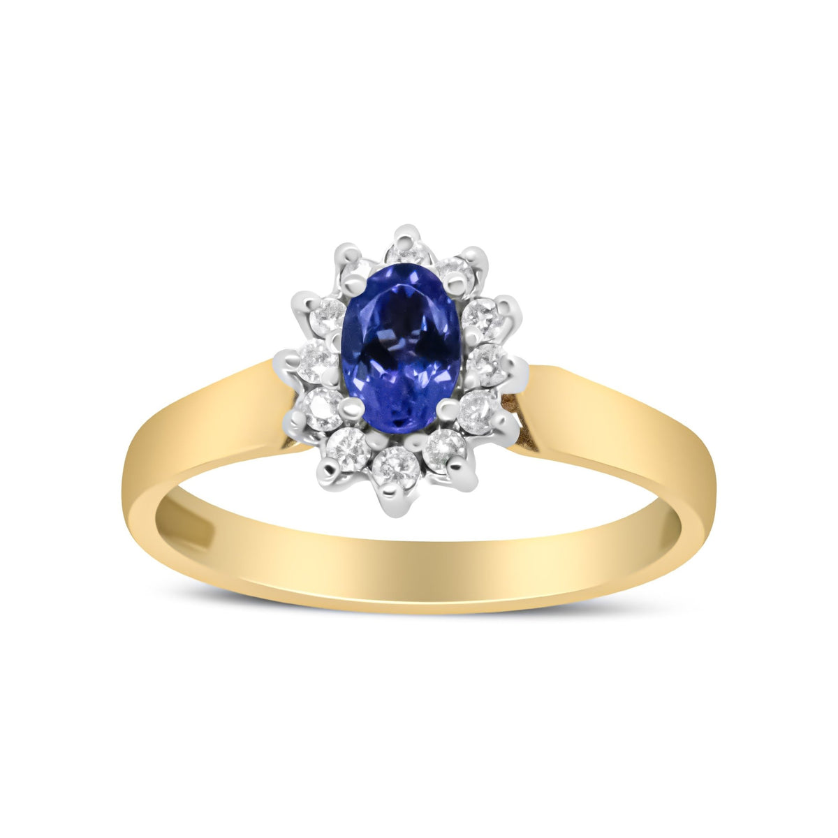 14K Yellow Gold 1/5 Cttw Round Diamond and 6x4mm Oval Blue Tanzanite Halo Ring (H-I Color, I1-I2 Clarity) - Size 7.75 - LinkagejewelrydesignLinkagejewelrydesign