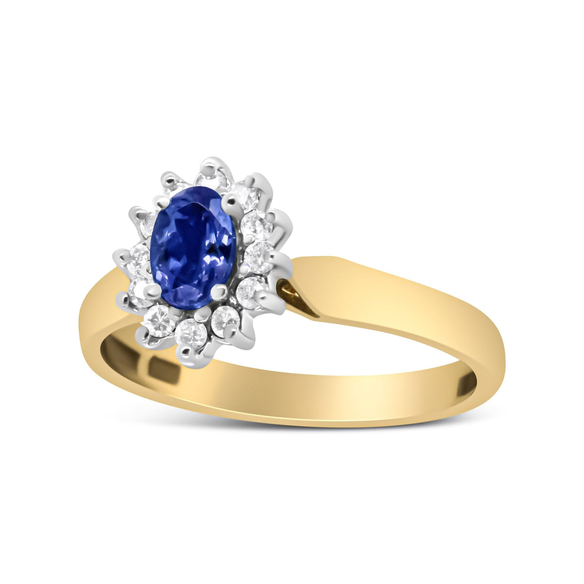 14K Yellow Gold 1/5 Cttw Round Diamond and 6x4mm Oval Blue Tanzanite Halo Ring (H-I Color, I1-I2 Clarity) - Size 7.75 - LinkagejewelrydesignLinkagejewelrydesign