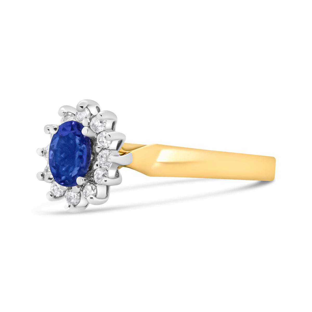 14K Yellow Gold 1/5 Cttw Round Diamond and 6x4mm Oval Blue Tanzanite Halo Ring (H-I Color, I1-I2 Clarity) - Size 7.75 - LinkagejewelrydesignLinkagejewelrydesign