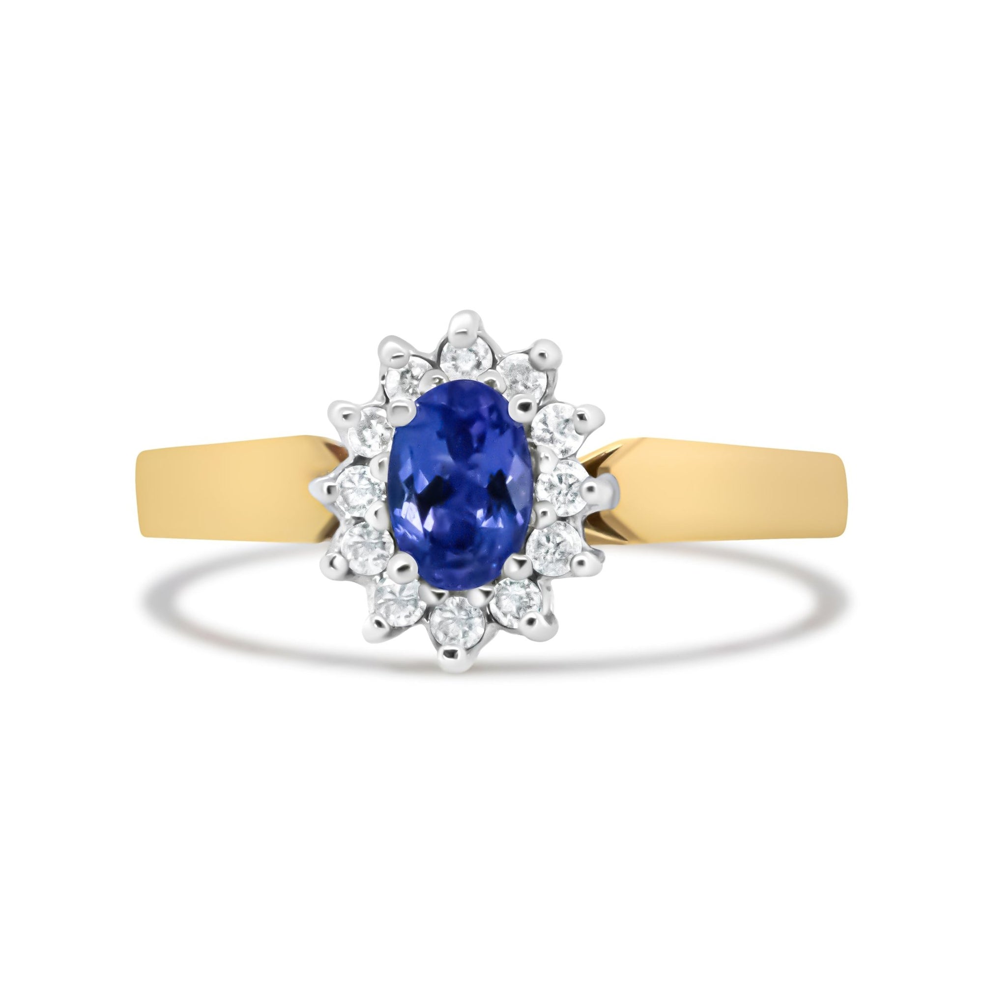 14K Yellow Gold 1/5 Cttw Round Diamond and 6x4mm Oval Blue Tanzanite Halo Ring (H-I Color, I1-I2 Clarity) - Size 7.75 - LinkagejewelrydesignLinkagejewelrydesign