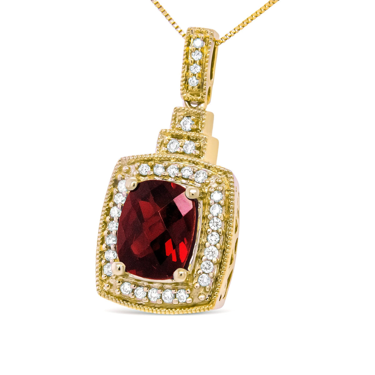 14K Yellow Gold 1/5 Cttw Round Diamond and 9x7mm Cushion Cut Red Garnet Halo 18&quot; Pendant Necklace (H-I Color, VS1-VS2 Clarity) - LinkagejewelrydesignLinkagejewelrydesign
