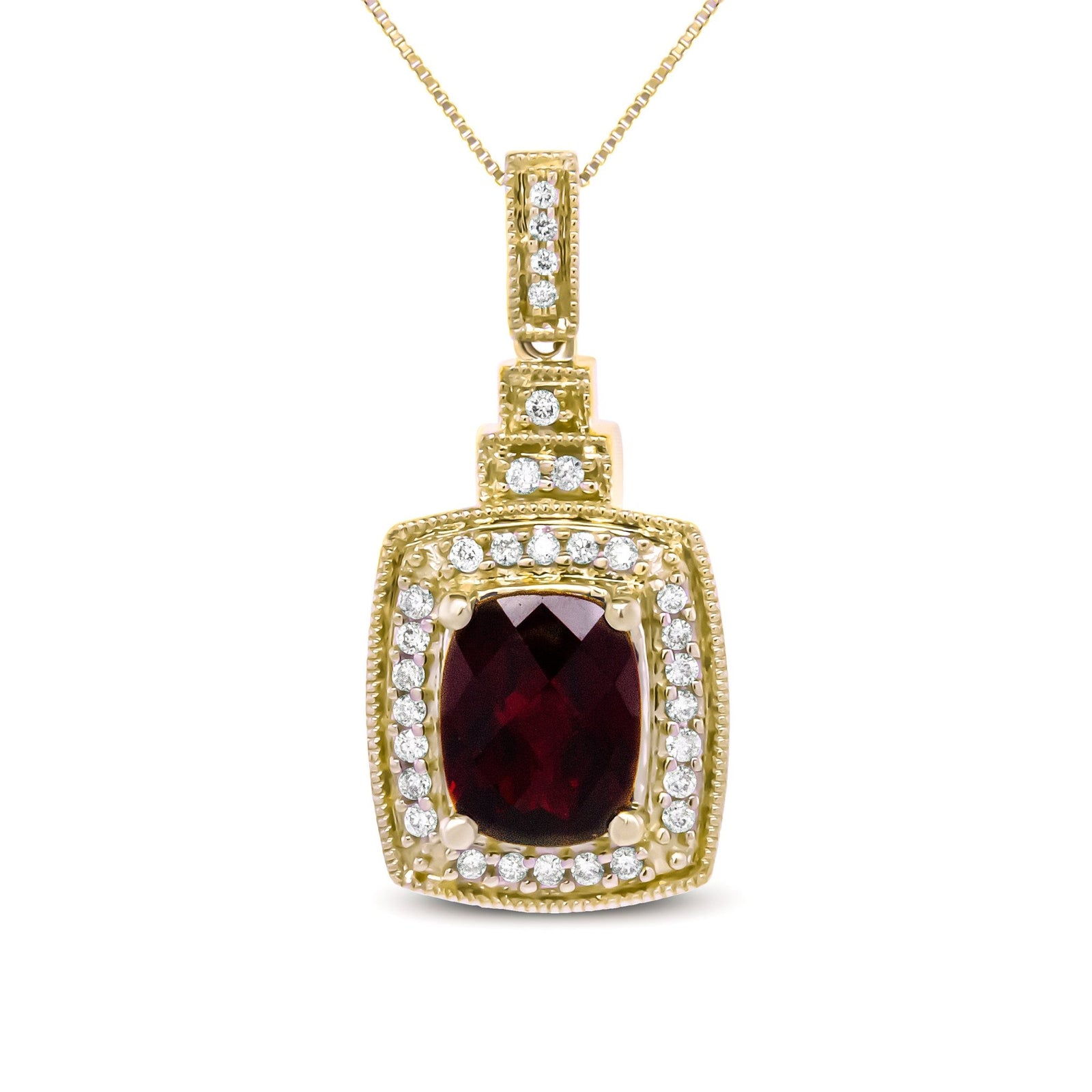 14K Yellow Gold 1/5 Cttw Round Diamond and 9x7mm Cushion Cut Red Garnet Halo 18" Pendant Necklace (H-I Color, VS1-VS2 Clarity) - LinkagejewelrydesignLinkagejewelrydesign