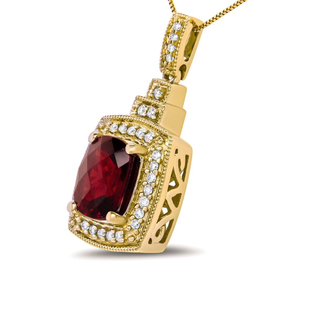 14K Yellow Gold 1/5 Cttw Round Diamond and 9x7mm Cushion Cut Red Garnet Halo 18&quot; Pendant Necklace (H-I Color, VS1-VS2 Clarity) - LinkagejewelrydesignLinkagejewelrydesign