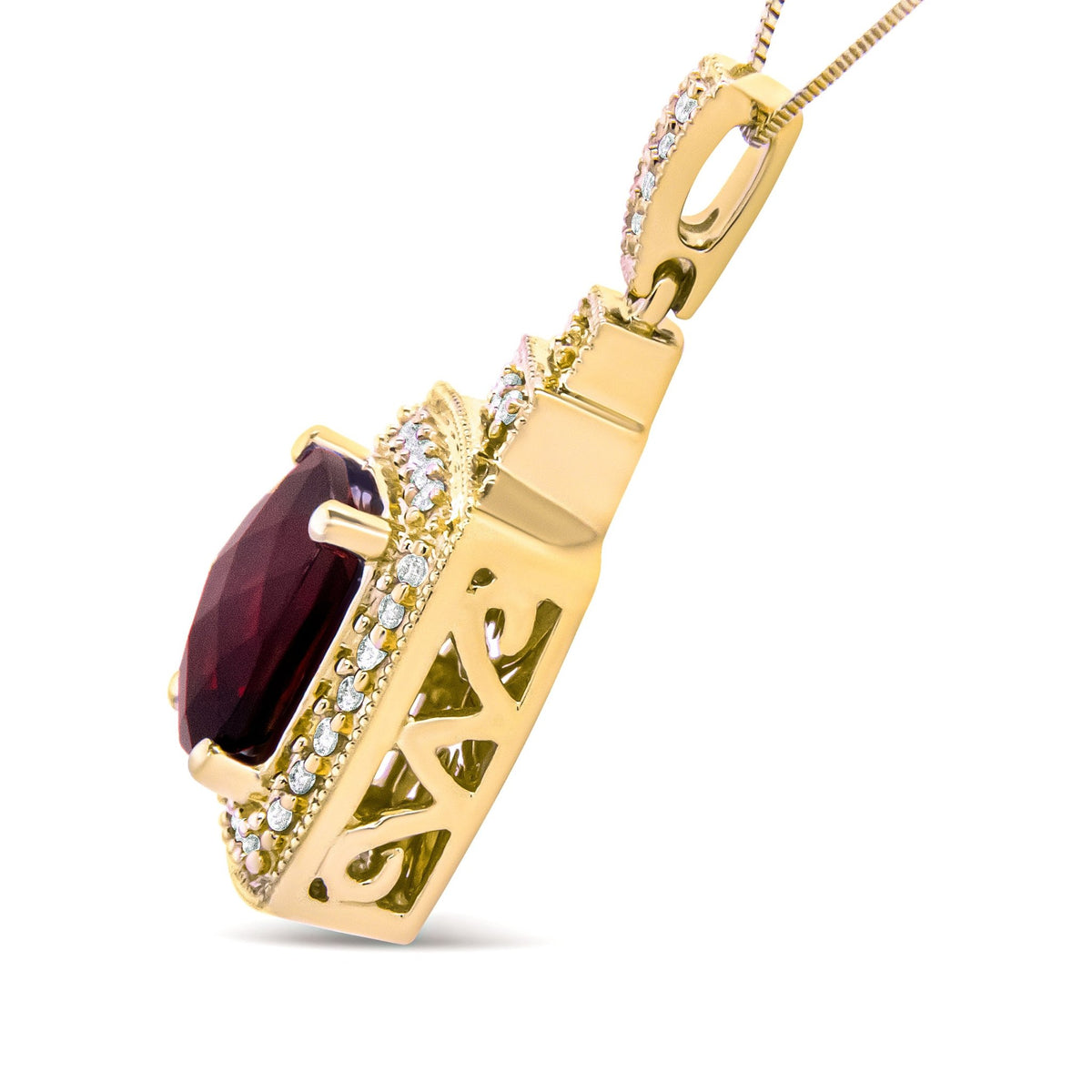 14K Yellow Gold 1/5 Cttw Round Diamond and 9x7mm Cushion Cut Red Garnet Halo 18&quot; Pendant Necklace (H-I Color, VS1-VS2 Clarity) - LinkagejewelrydesignLinkagejewelrydesign