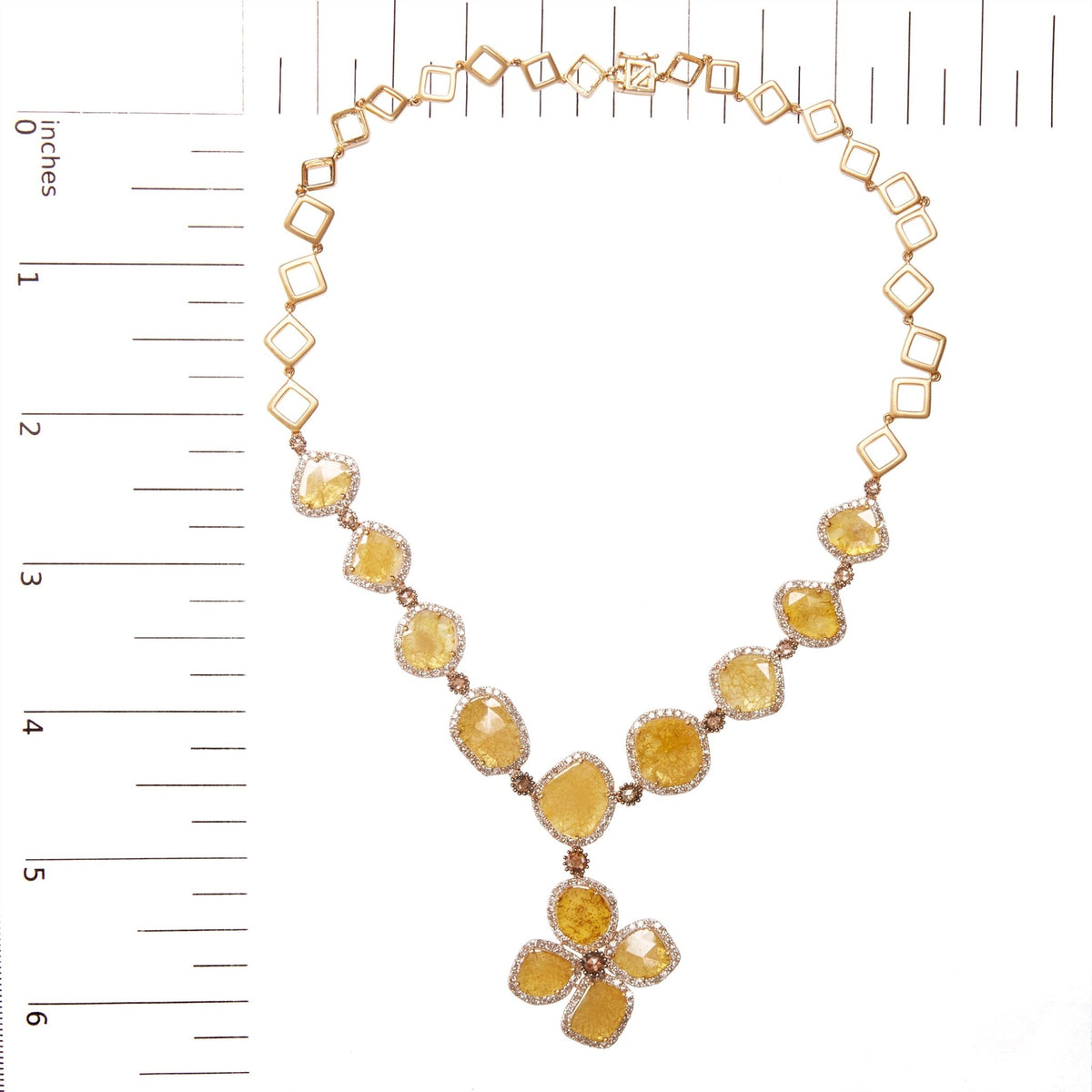 14K Yellow Gold 16 7/8 Cttw Fancy Yellow Rose Cut Diamond 16&quot; Collar Necklace with 4 Leaf Clover Drop (Fancy Yellow/I-J Color, I1-I2 Clarity) - LinkagejewelrydesignLinkagejewelrydesign