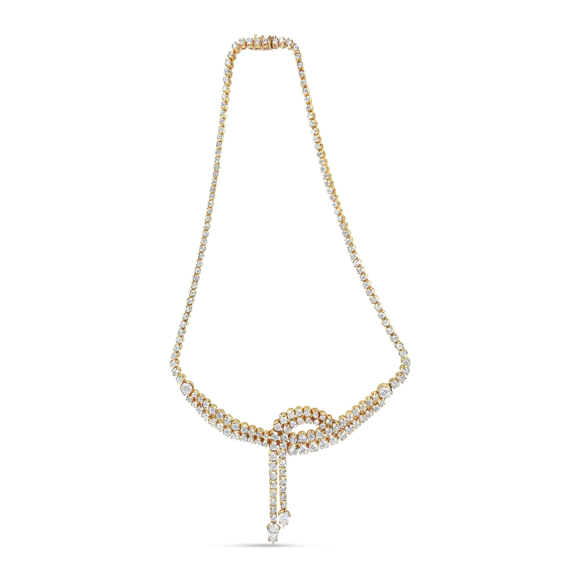 14k Yellow Gold 17.0 Cttw Diamond Double Row Lariat 18" Inch Tennis Necklace with Pear Shape Diamond Drop Tips (I-J Color, VS2-SI1 Clarity) - LinkagejewelrydesignLinkagejewelrydesign