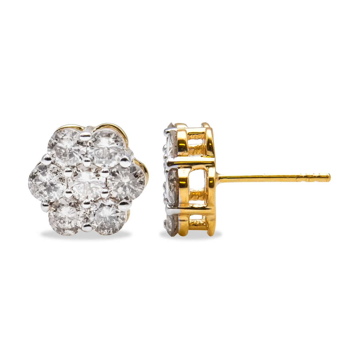 14K Yellow Gold 2.0 Cttw Diamond Floral Cluster Stud Earring with Screw Back (H-I Color, SI1-SI2 Clarity) - LinkagejewelrydesignLinkagejewelrydesign