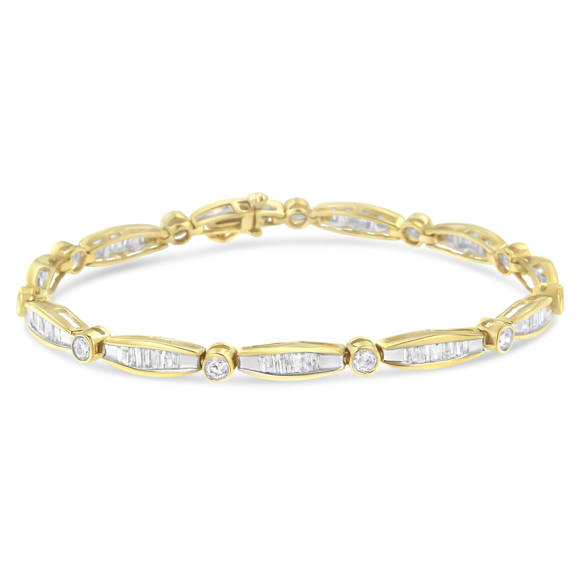 14K Yellow Gold 2.0 Cttw Round Brilliant-Cut &amp; Baguette Cut Diamond Bezel and Tapered Link 7&quot; Tennis Bracelet (H-I Color, SI2-I1 Clarity) - LinkagejewelrydesignLinkagejewelrydesign