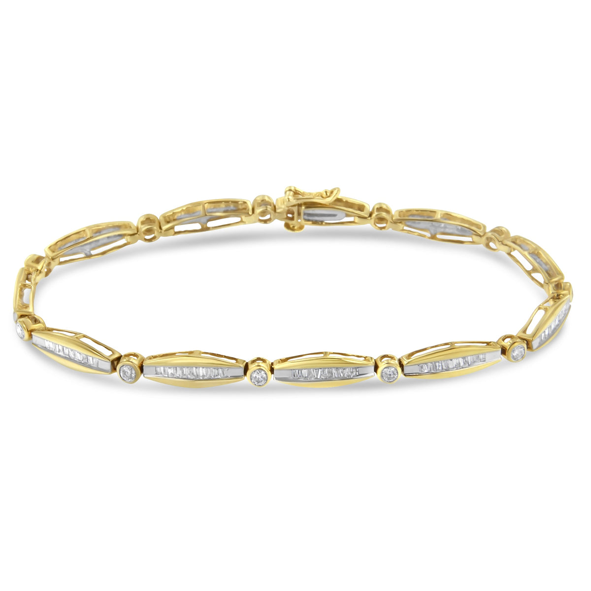 14K Yellow Gold 2.0 Cttw Round Brilliant-Cut &amp; Baguette Cut Diamond Bezel and Tapered Link 7&quot; Tennis Bracelet (H-I Color, SI2-I1 Clarity) - LinkagejewelrydesignLinkagejewelrydesign