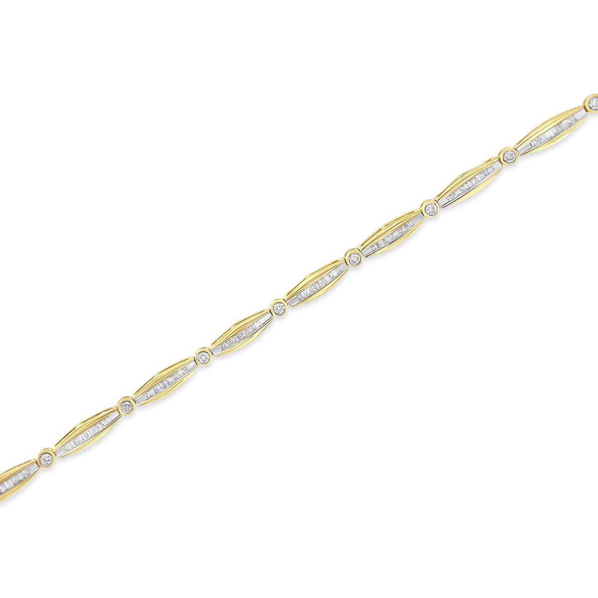 14K Yellow Gold 2.0 Cttw Round Brilliant-Cut &amp; Baguette Cut Diamond Bezel and Tapered Link 7&quot; Tennis Bracelet (H-I Color, SI2-I1 Clarity) - LinkagejewelrydesignLinkagejewelrydesign