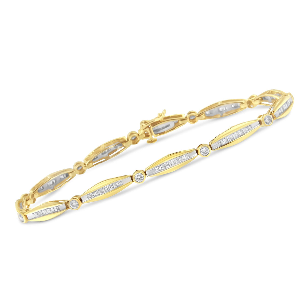 14K Yellow Gold 2.0 Cttw Round Brilliant-Cut &amp; Baguette Cut Diamond Bezel and Tapered Link 7&quot; Tennis Bracelet (H-I Color, SI2-I1 Clarity) - LinkagejewelrydesignLinkagejewelrydesign