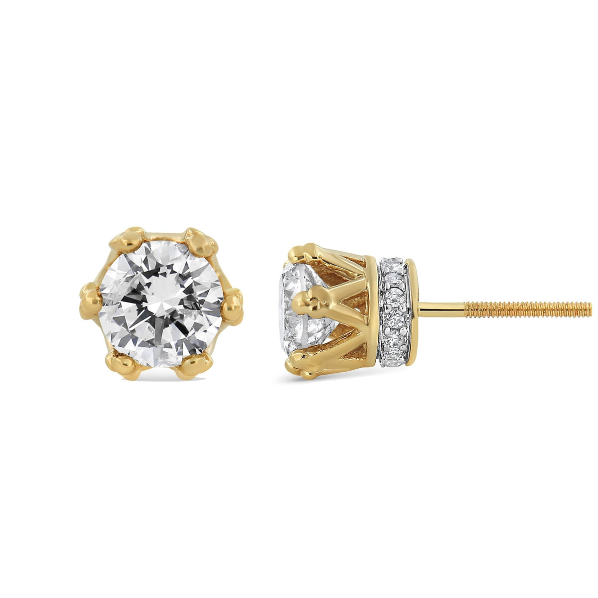 14K Yellow Gold 2.0 Cttw Round Diamond Crown Stud Earrings (I-J Color, I1-I2 Clarity) - LinkagejewelrydesignLinkagejewelrydesign