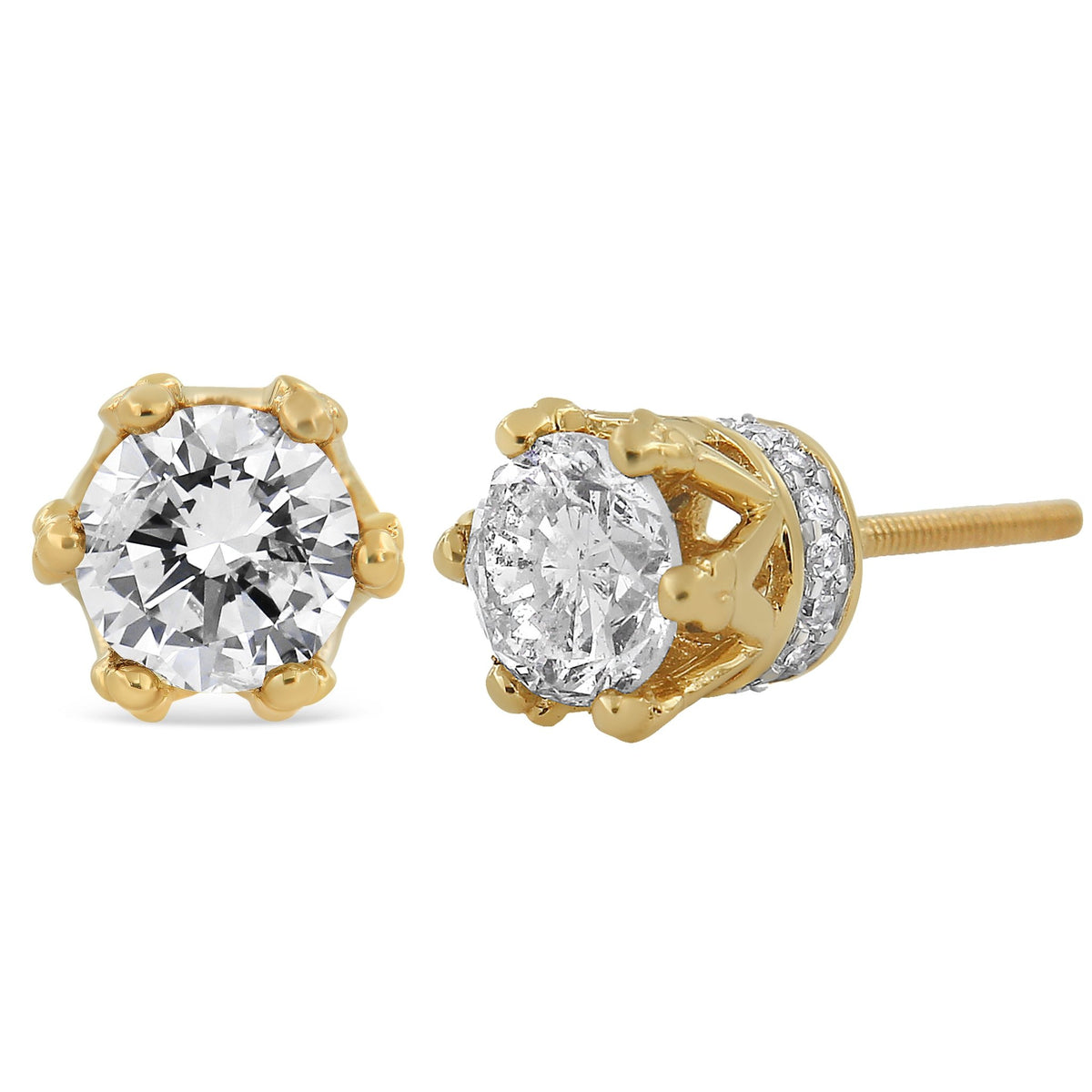 14K Yellow Gold 2.0 Cttw Round Diamond Crown Stud Earrings (I-J Color, I1-I2 Clarity) - LinkagejewelrydesignLinkagejewelrydesign