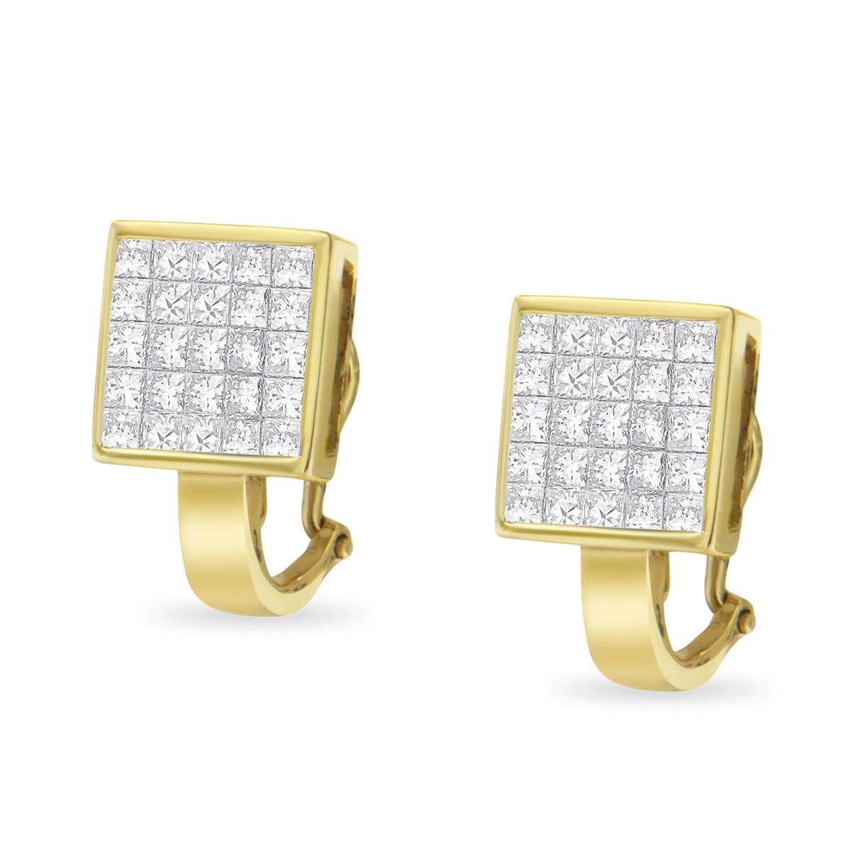 14K Yellow Gold 3-1/5 Cttw Princess Cut Diamond ¾ Square Invisible Set Grid Huggy Style Omega Back Stud Earrings (G-H Color, VS1-VS2 Clarity) - LinkagejewelrydesignLinkagejewelrydesign
