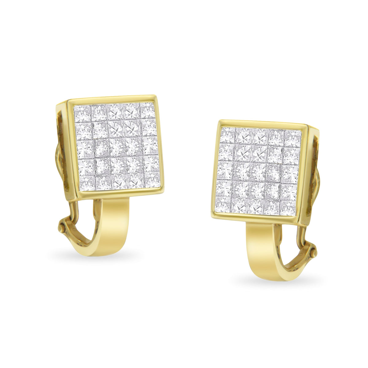 14K Yellow Gold 3-1/5 Cttw Princess Cut Diamond ¾ Square Invisible Set Grid Huggy Style Omega Back Stud Earrings (G-H Color, VS1-VS2 Clarity) - LinkagejewelrydesignLinkagejewelrydesign