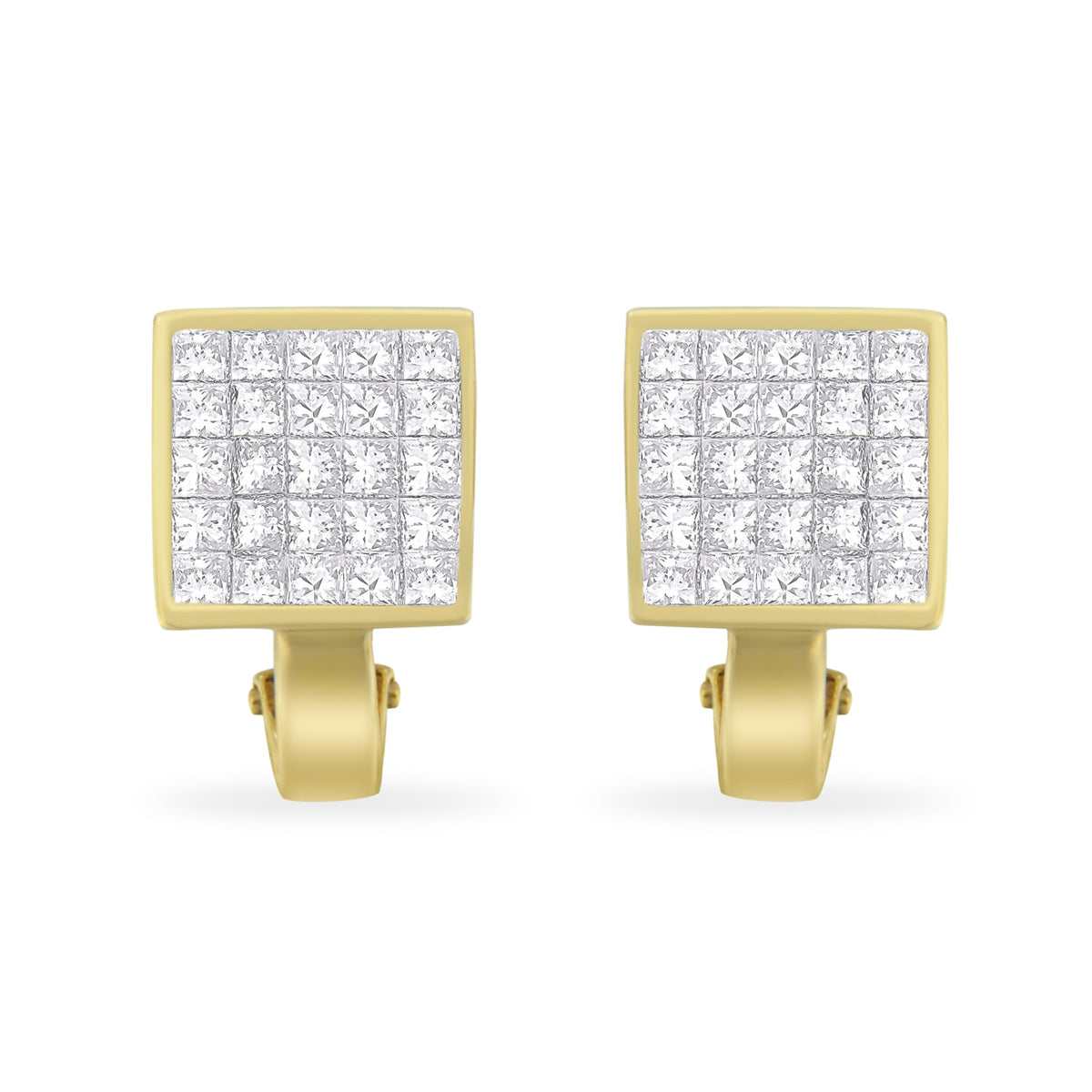 14K Yellow Gold 3-1/5 Cttw Princess Cut Diamond ¾ Square Invisible Set Grid Huggy Style Omega Back Stud Earrings (G-H Color, VS1-VS2 Clarity) - LinkagejewelrydesignLinkagejewelrydesign