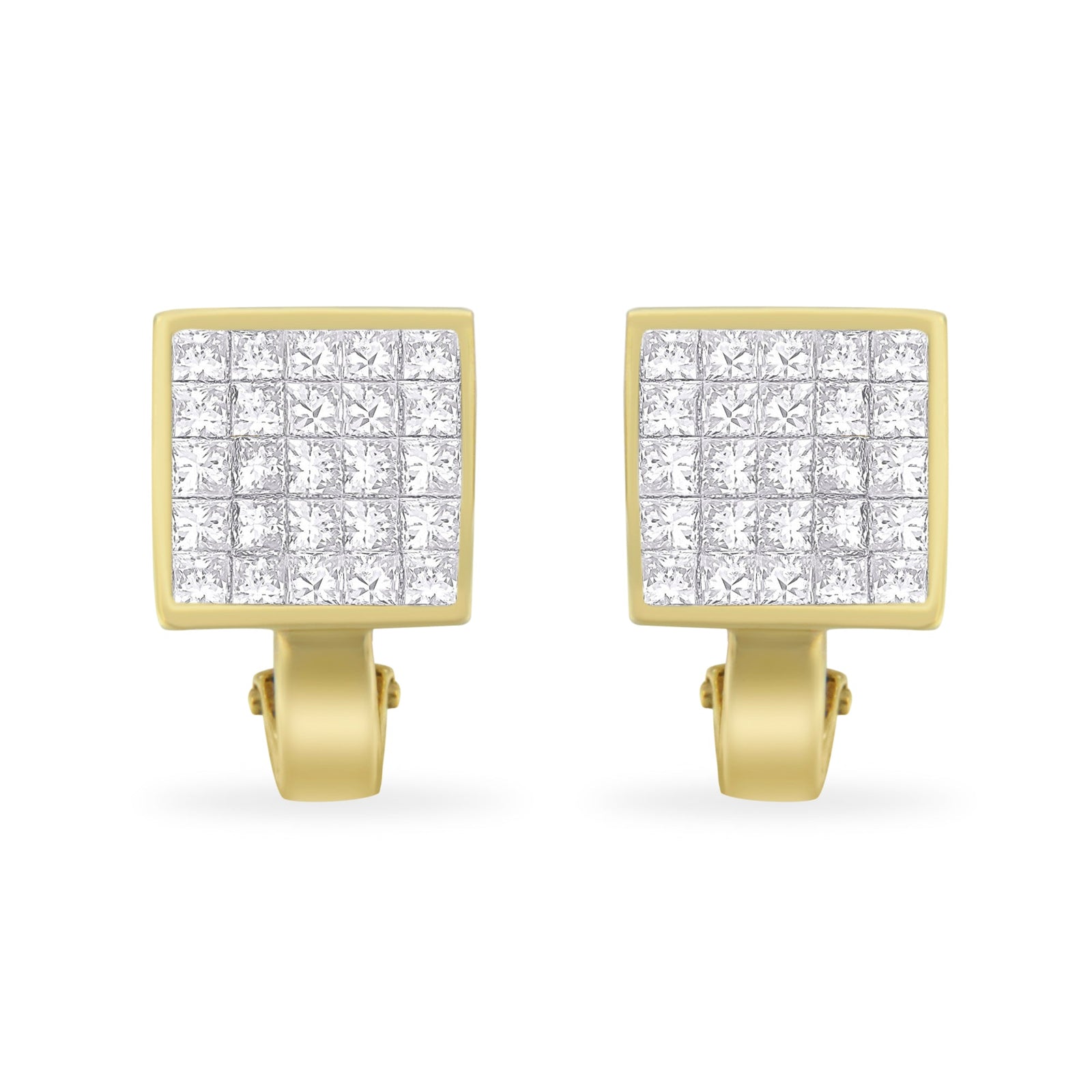 14K Yellow Gold 3-1/5 Cttw Princess Cut Diamond ¾ Square Invisible Set Grid Huggy Style Omega Back Stud Earrings (G-H Color, VS1-VS2 Clarity) - LinkagejewelrydesignLinkagejewelrydesign