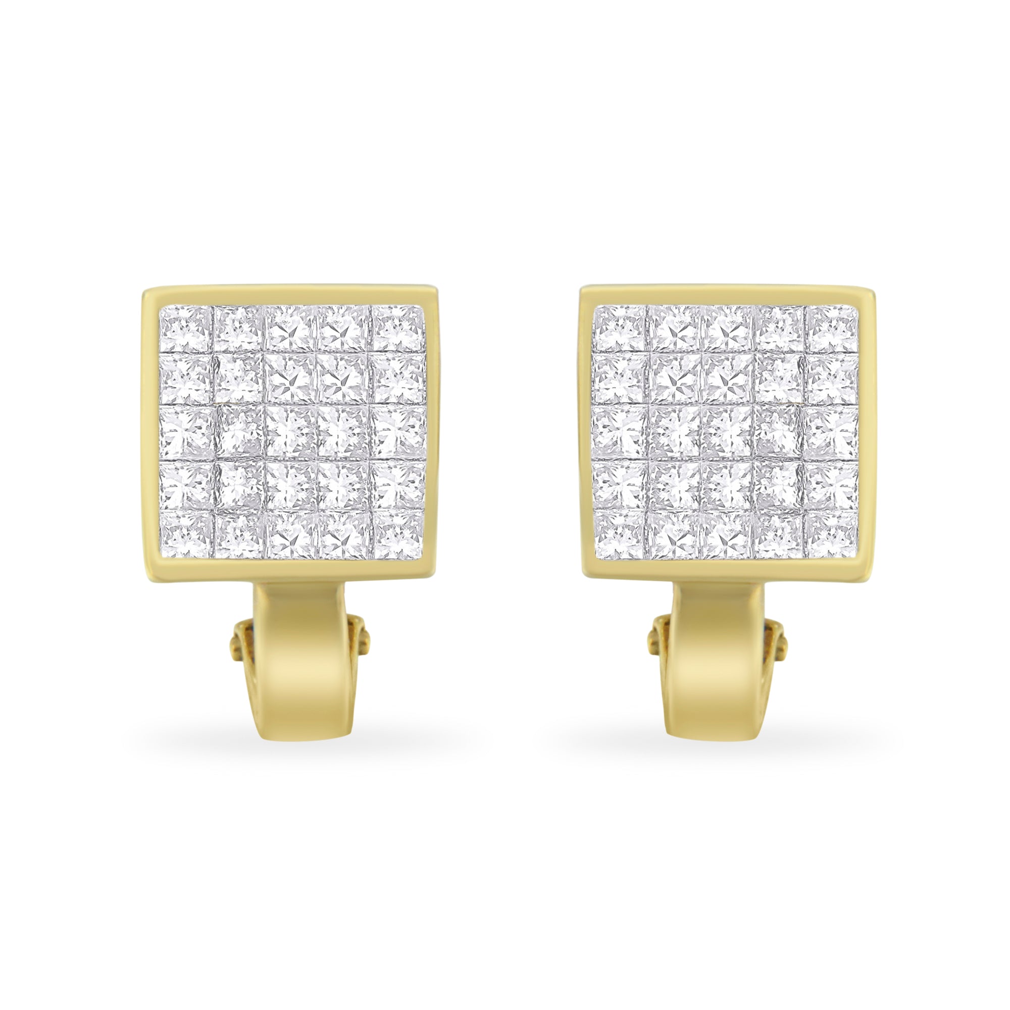 14K Yellow Gold 3-1/5 Cttw Princess Cut Diamond ¾ Square Invisible Set Grid Huggy Style Omega Back Stud Earrings (G-H Color, VS1-VS2 Clarity) - LinkagejewelrydesignLinkagejewelrydesign