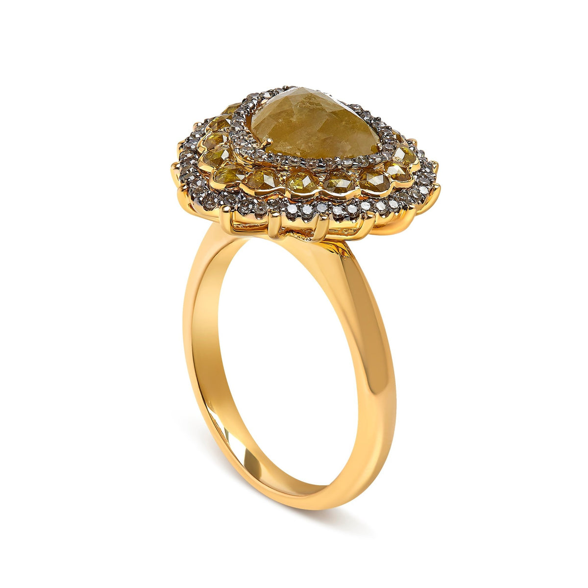 14K Yellow Gold 3.00 Cttw Yellow Rose Cut and White Diamond Halo Cocktail Ring (Yellow/I-J Color, I1-I2 Clarity) - Size 7 - LinkagejewelrydesignLinkagejewelrydesign