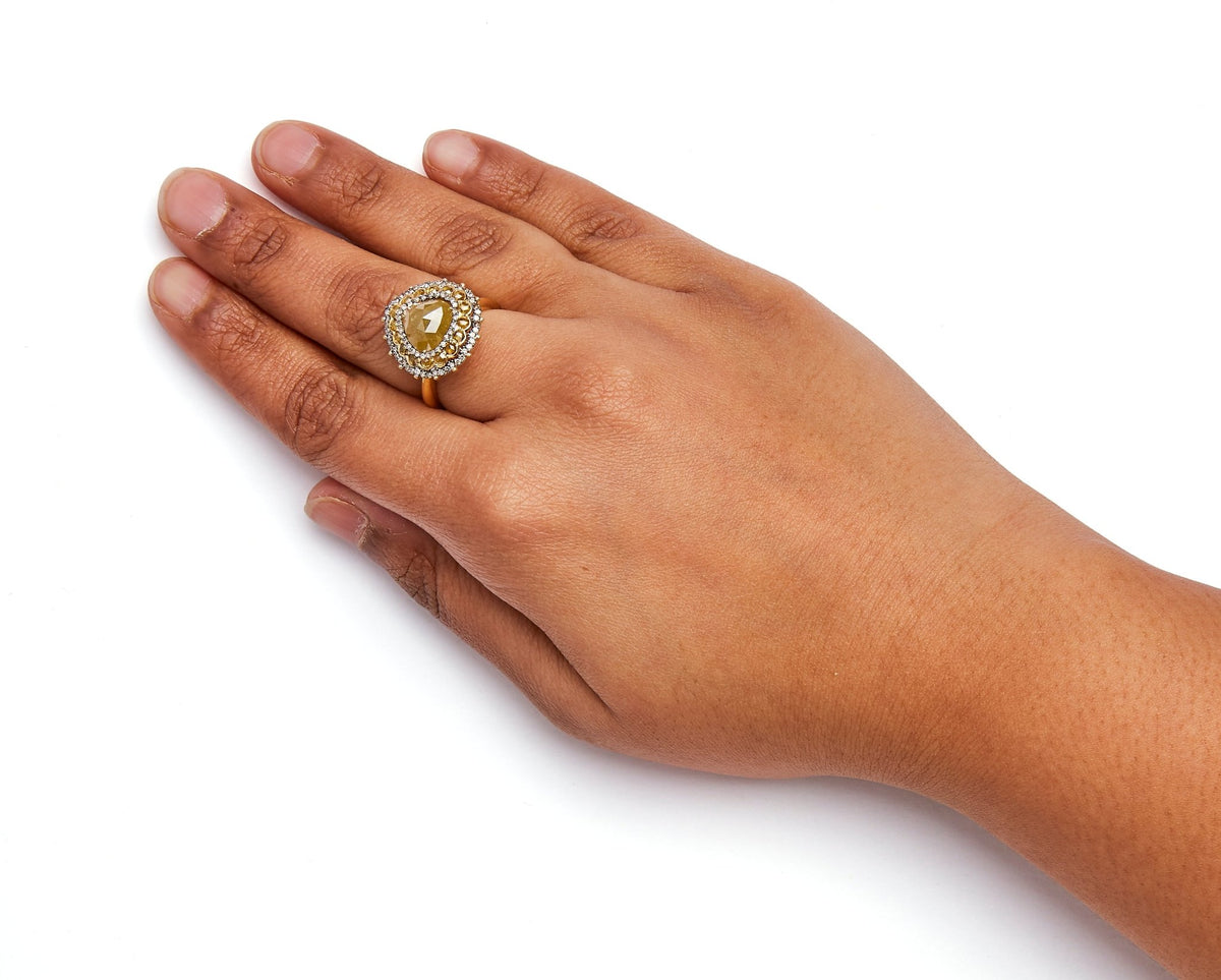 14K Yellow Gold 3.00 Cttw Yellow Rose Cut and White Diamond Halo Cocktail Ring (Yellow/I-J Color, I1-I2 Clarity) - Size 7 - LinkagejewelrydesignLinkagejewelrydesign