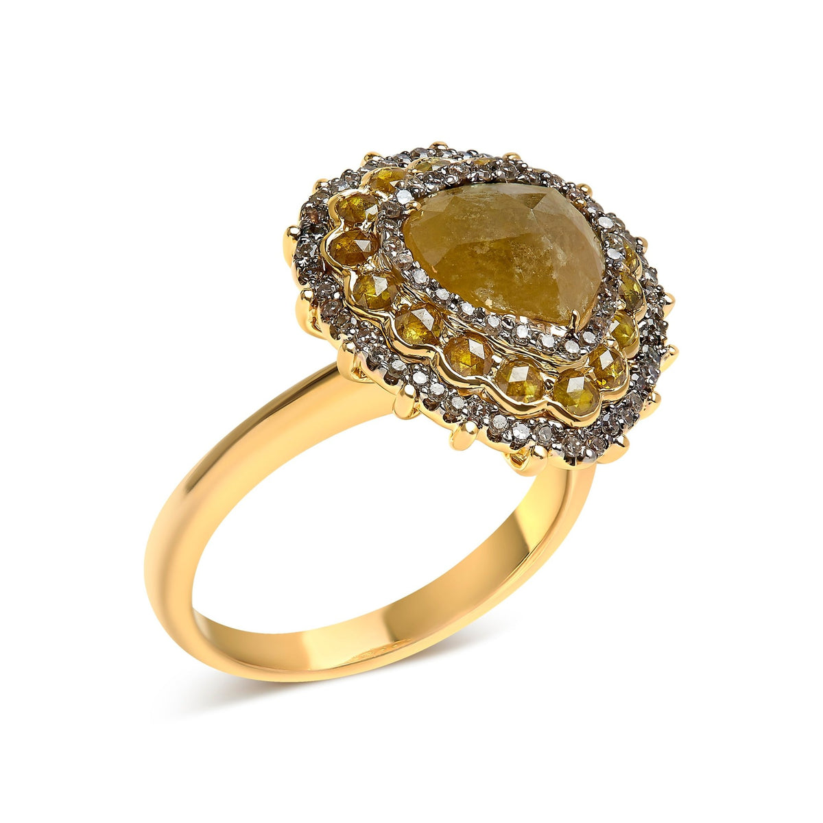 14K Yellow Gold 3.00 Cttw Yellow Rose Cut and White Diamond Halo Cocktail Ring (Yellow/I-J Color, I1-I2 Clarity) - Size 7 - LinkagejewelrydesignLinkagejewelrydesign