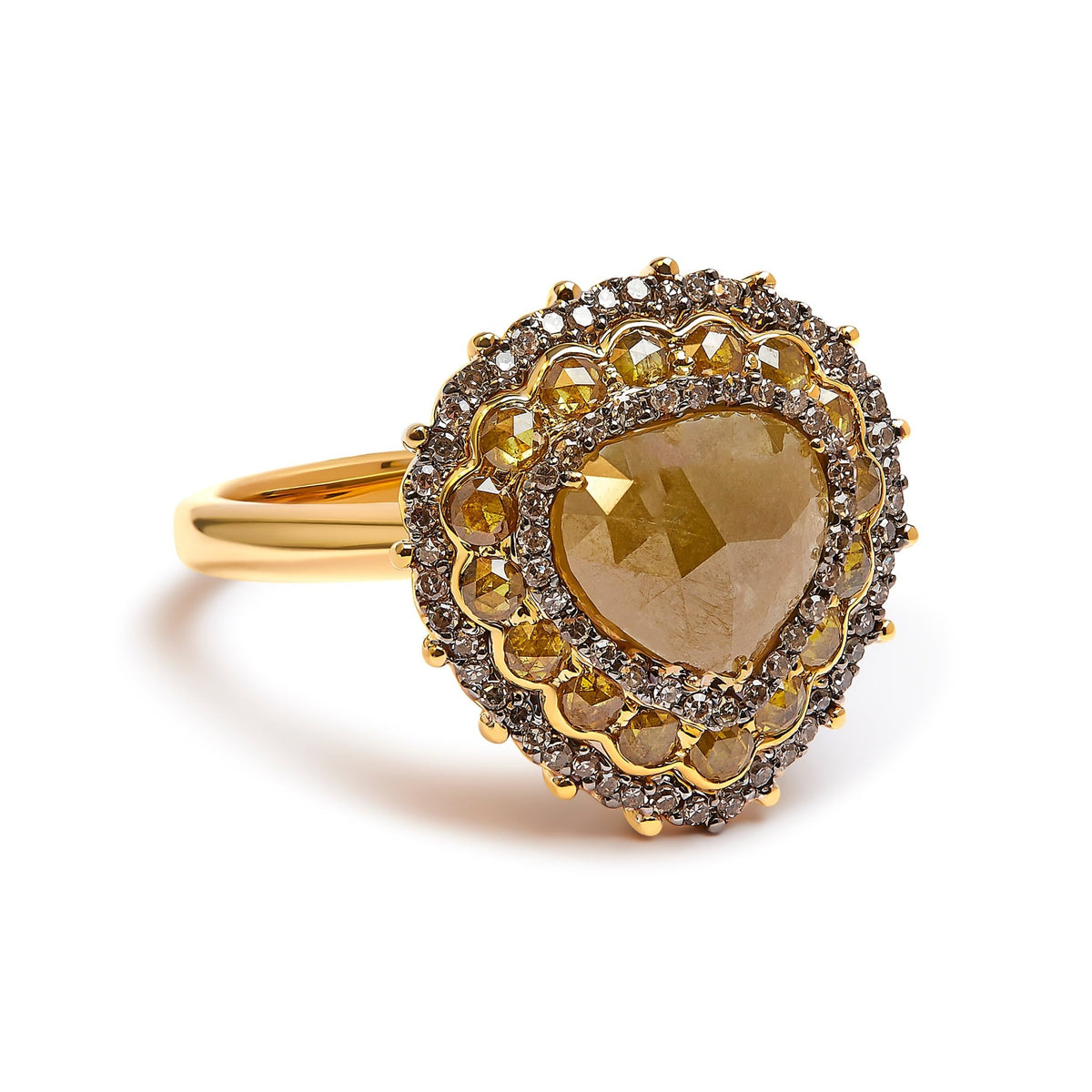 14K Yellow Gold 3.00 Cttw Yellow Rose Cut and White Diamond Halo Cocktail Ring (Yellow/I-J Color, I1-I2 Clarity) - Size 7 - LinkagejewelrydesignLinkagejewelrydesign
