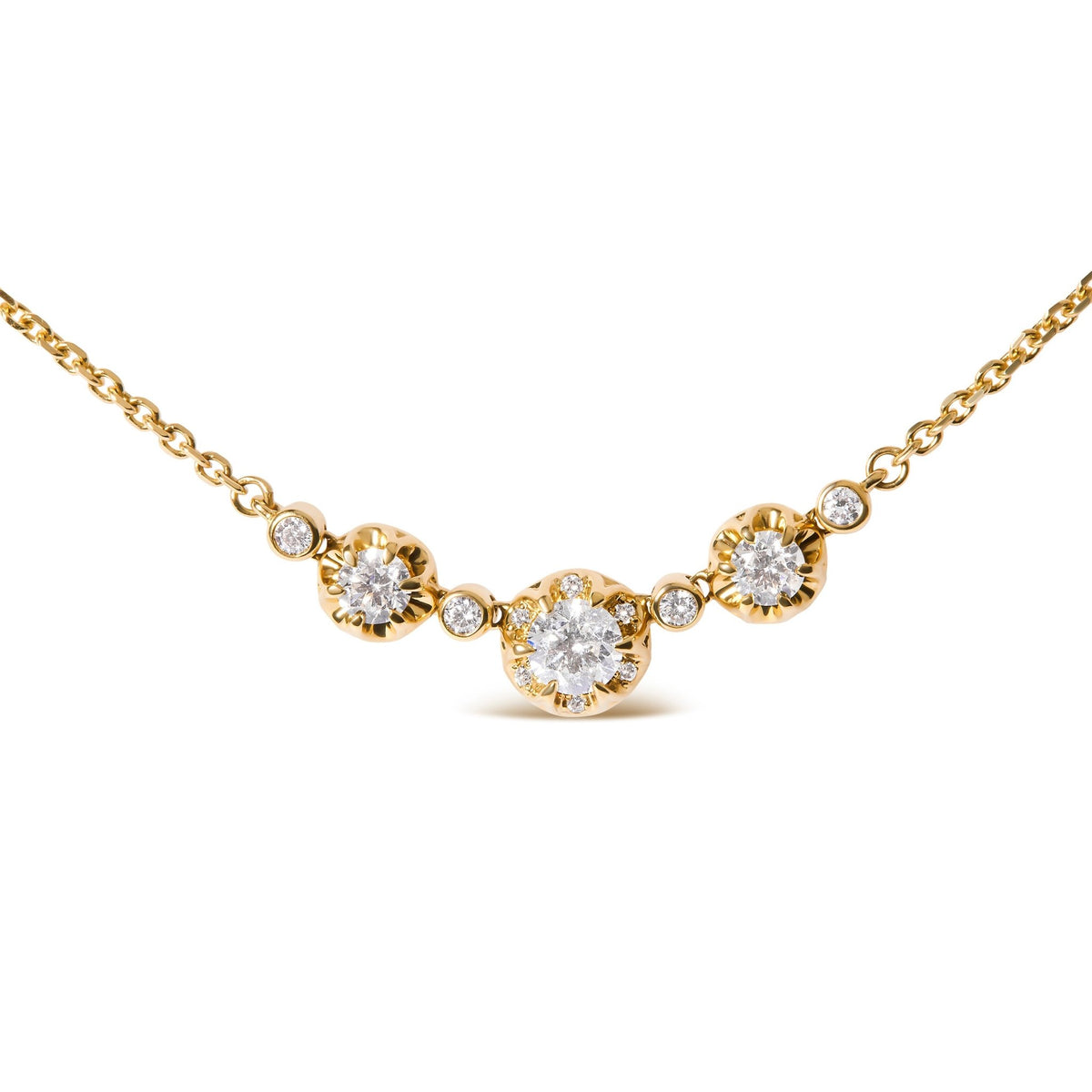 14k Yellow Gold 3/4 Cttw 3 Stone Round Diamond 18&quot; Statement Necklace (H-I Color, I1-I2 Clarity) - LinkagejewelrydesignLinkagejewelrydesign