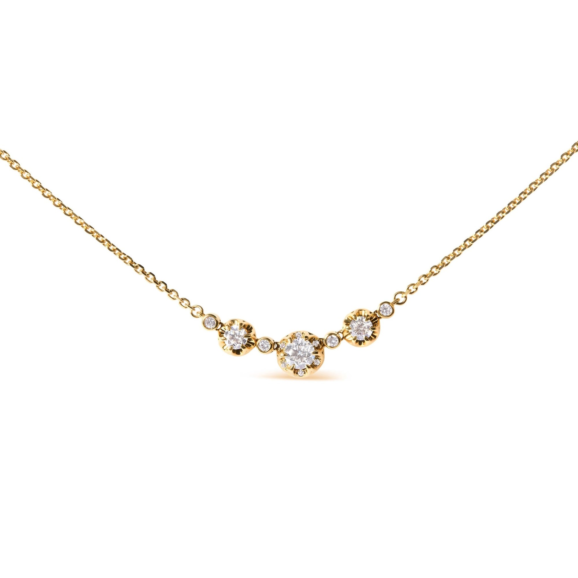 14k Yellow Gold 3/4 Cttw 3 Stone Round Diamond 18" Statement Necklace (H-I Color, I1-I2 Clarity) - LinkagejewelrydesignLinkagejewelrydesign