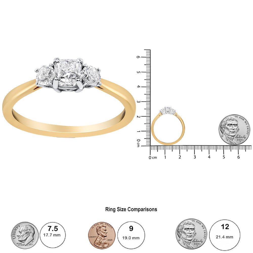 14K Yellow Gold 3/4 Cttw Cushion and Round-Cut Diamond Bostonian Style 3 Stone Engagement Ring (I-J Color, SI2-I1 Clarity) - Size 7 - LinkagejewelrydesignLinkagejewelrydesign