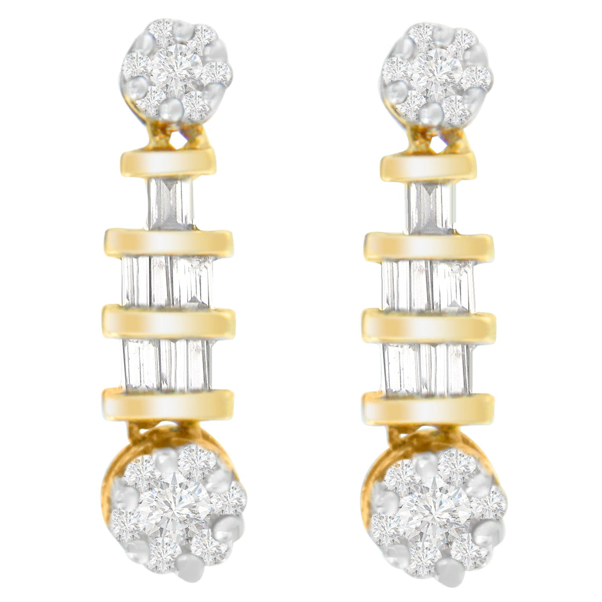 14K Yellow Gold 3/4ct. TDW Round and Baguette-cut Diamond Earrings(H-I,SI1-SI2) - LinkagejewelrydesignLinkagejewelrydesign