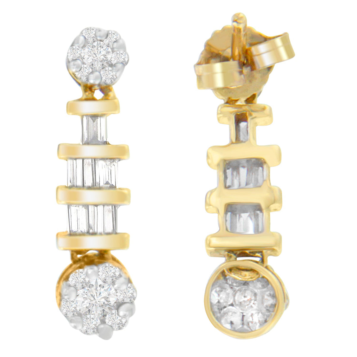 14K Yellow Gold 3/4ct. TDW Round and Baguette-cut Diamond Earrings(H-I,SI1-SI2) - LinkagejewelrydesignLinkagejewelrydesign